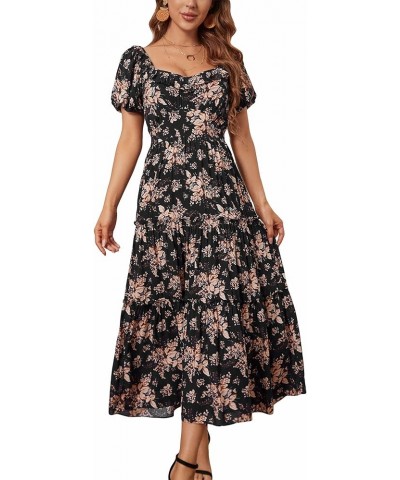 Women Square Neck Lantern Short Sleeve Floral A line Summer Party Casual Tiered Long Maxi Dress Black Floral $8.84 Dresses