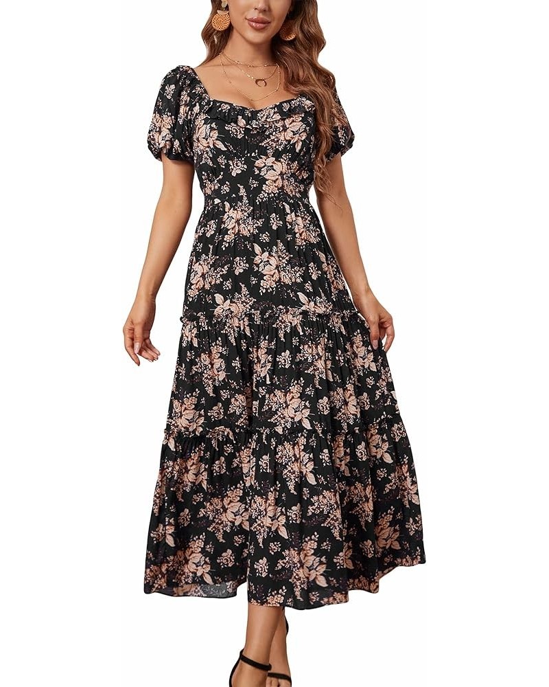 Women Square Neck Lantern Short Sleeve Floral A line Summer Party Casual Tiered Long Maxi Dress Black Floral $8.84 Dresses