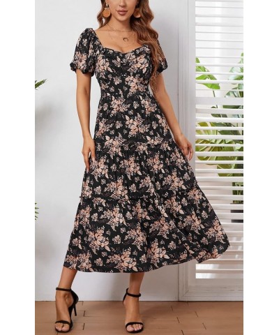 Women Square Neck Lantern Short Sleeve Floral A line Summer Party Casual Tiered Long Maxi Dress Black Floral $8.84 Dresses