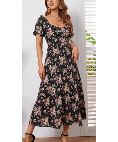 Women Square Neck Lantern Short Sleeve Floral A line Summer Party Casual Tiered Long Maxi Dress Black Floral $8.84 Dresses