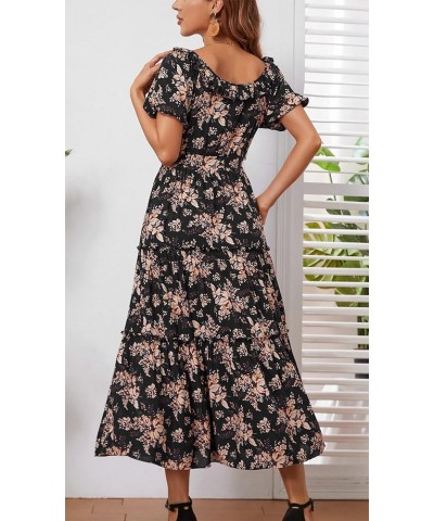 Women Square Neck Lantern Short Sleeve Floral A line Summer Party Casual Tiered Long Maxi Dress Black Floral $8.84 Dresses