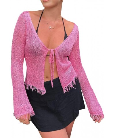 Women Y2k Long Sleeve Knitted Shirts Tie Front Cardigan Sexy Slim Fit Sweater Fall Fashion Going Out Tops 05-pink $10.61 Swea...