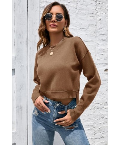 Women's Cropped Sweater Fall Fashion 2023 Batwing Long Sleeve Crewneck Side Slit Oversized Knit Pullover Jumper Tops Khaki $1...