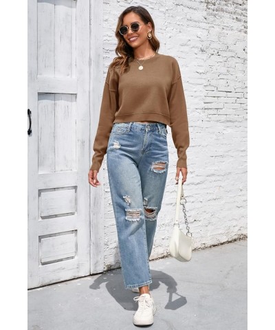 Women's Cropped Sweater Fall Fashion 2023 Batwing Long Sleeve Crewneck Side Slit Oversized Knit Pullover Jumper Tops Khaki $1...