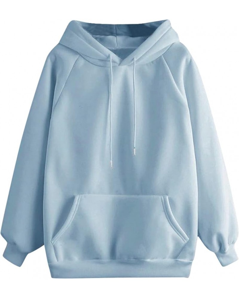 Lightweight Drawstring Hoodies for Women Fall Winter Solid Color Long Sleeve Sweatshirt Oversized Hooded Tops Pullover Sky Bl...