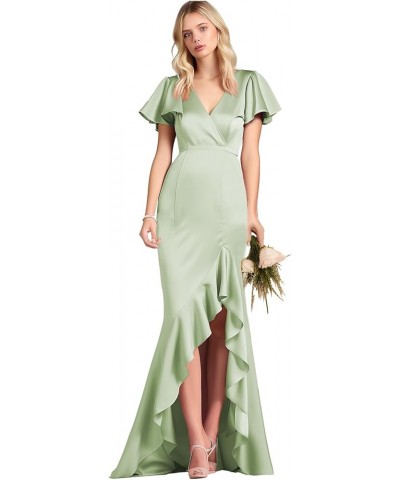 Women's V Neck Bridesdmaid Dresses Long with Sleeves Mermaid Satin Ruffles Formal Party Gown Sage Green $31.89 Dresses