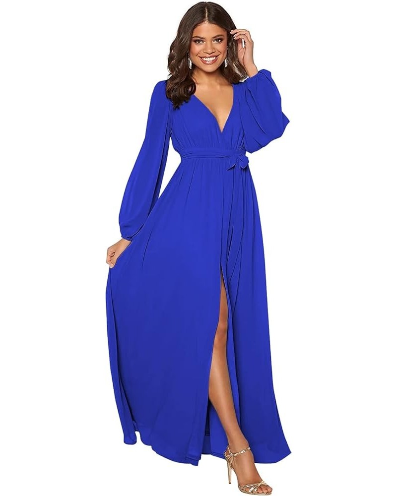 Women's Long Sleeve Bridesmaid Dress with Slit Chiffon Formal Dress Evening Gown Royal Blue $35.39 Dresses