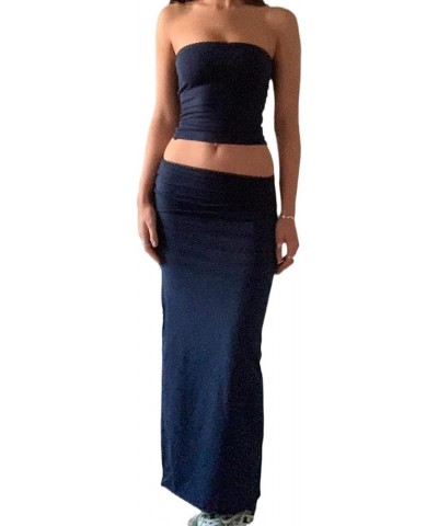 2 Piece Outfits for Women Knit 2pcs Tube Top and Bodycon Maxi Skirt Set Summer Stripe Crochet Sets Beachwear Black $9.43 Suits