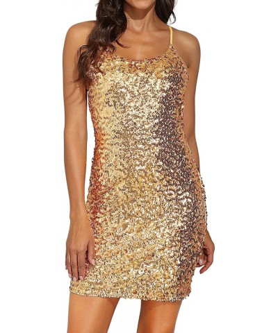 Women's Sparkly Sequin Dress Adjustable Spaghetti Strap Shimmer Bodycon Mini Club Dresses Party Night Gold $24.95 Dresses