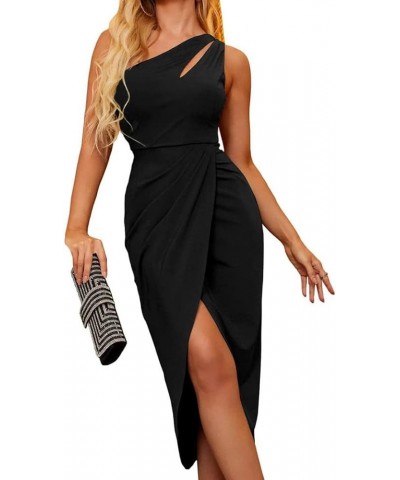 Women's Summer One Shoulder Ruched Bodycon Dress Sexy Cutout Wrap Slit Party Cocktail Midi Dresses Black $18.04 Dresses