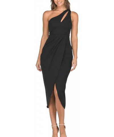 Women's Summer One Shoulder Ruched Bodycon Dress Sexy Cutout Wrap Slit Party Cocktail Midi Dresses Black $18.04 Dresses