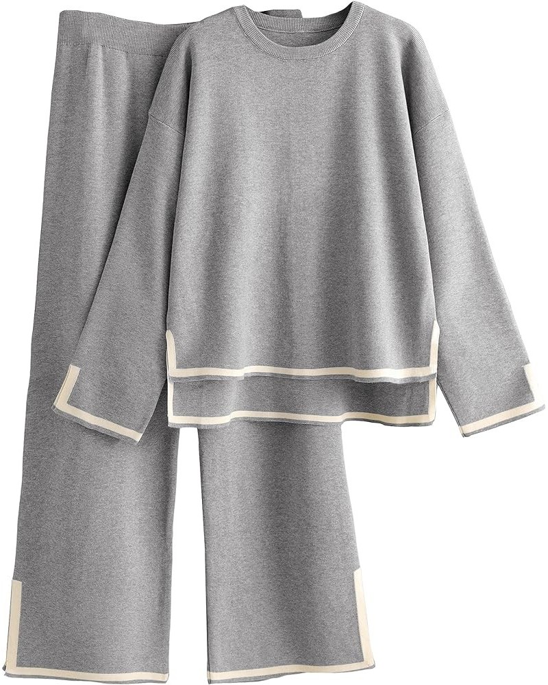 Womens 2 Piece Sweater Sets Outfits Long Sleeve Knit Pullover Tops Wide Leg Pants Casual Suits Grey $21.56 Activewear