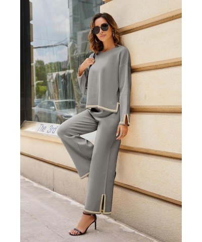 Womens 2 Piece Sweater Sets Outfits Long Sleeve Knit Pullover Tops Wide Leg Pants Casual Suits Grey $21.56 Activewear