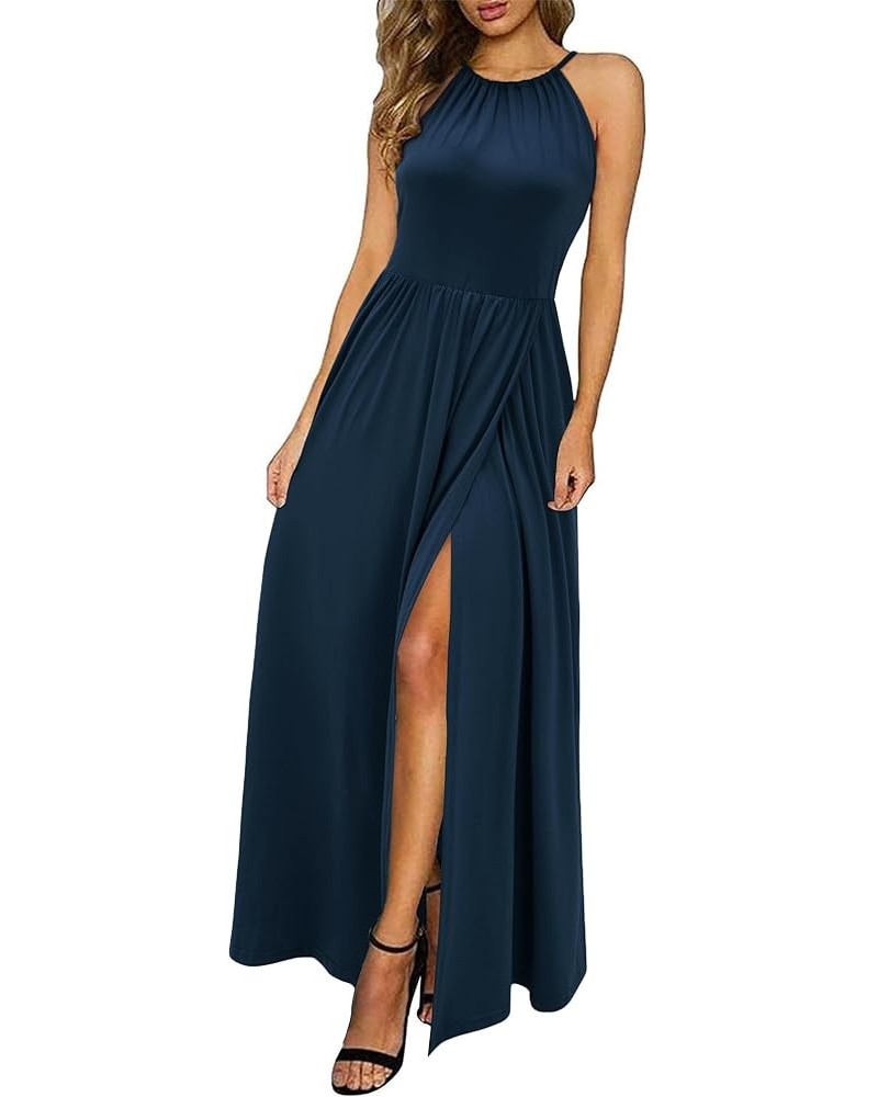 Women 2024 Summer Maxi Dress Casual Floral Halter Neck Beach Hawaiian Outfits Wedding Guest Dress Navy $17.15 Dresses