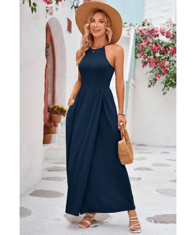 Women 2024 Summer Maxi Dress Casual Floral Halter Neck Beach Hawaiian Outfits Wedding Guest Dress Navy $17.15 Dresses