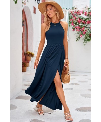 Women 2024 Summer Maxi Dress Casual Floral Halter Neck Beach Hawaiian Outfits Wedding Guest Dress Navy $17.15 Dresses