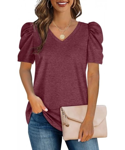 Womens Puff Sleeve Tops V Neck Tunic Tshirts Shirts 04j-burgundy $10.39 Tops