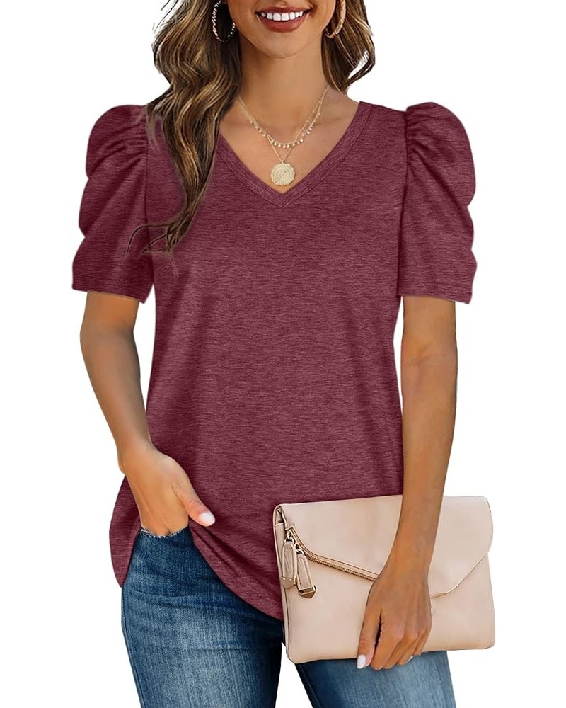 Womens Puff Sleeve Tops V Neck Tunic Tshirts Shirts 04j-burgundy $10.39 Tops