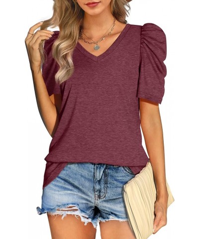 Womens Puff Sleeve Tops V Neck Tunic Tshirts Shirts 04j-burgundy $10.39 Tops