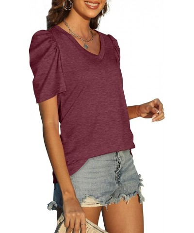 Womens Puff Sleeve Tops V Neck Tunic Tshirts Shirts 04j-burgundy $10.39 Tops