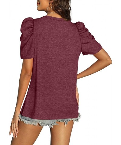 Womens Puff Sleeve Tops V Neck Tunic Tshirts Shirts 04j-burgundy $10.39 Tops