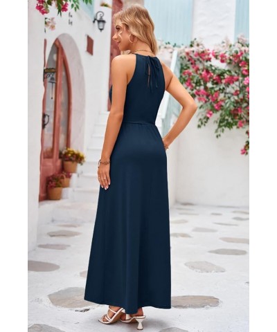 Women 2024 Summer Maxi Dress Casual Floral Halter Neck Beach Hawaiian Outfits Wedding Guest Dress Navy $17.15 Dresses