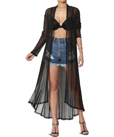 Women's Sheer Mesh Long Sleeve Open Front Maxi Cardigan Mid-Calf Caftan Duster Black $15.11 Sweaters