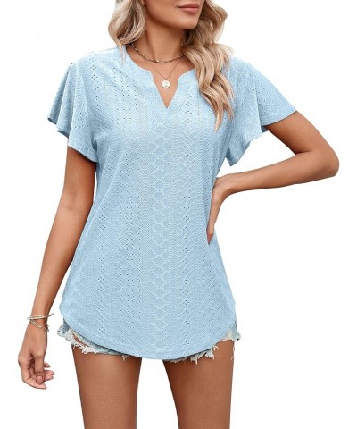 Women's Casual Summer V Neck T Shirts Ruffle Puff Short Sleeve Blouses Shirts Hollow Tunic Tops A- Sky Blue $8.39 Blouses