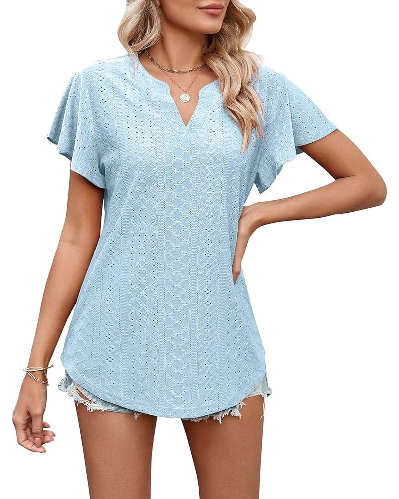 Women's Casual Summer V Neck T Shirts Ruffle Puff Short Sleeve Blouses Shirts Hollow Tunic Tops A- Sky Blue $8.39 Blouses