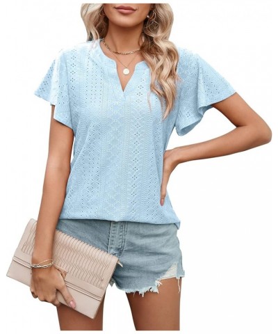 Women's Casual Summer V Neck T Shirts Ruffle Puff Short Sleeve Blouses Shirts Hollow Tunic Tops A- Sky Blue $8.39 Blouses