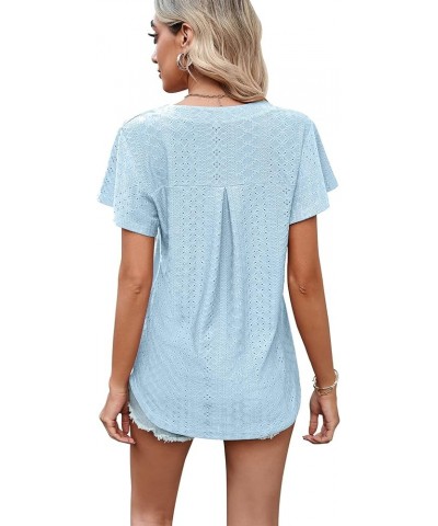 Women's Casual Summer V Neck T Shirts Ruffle Puff Short Sleeve Blouses Shirts Hollow Tunic Tops A- Sky Blue $8.39 Blouses