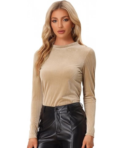 Women's Casual Velvet Top Mock Neck Long Sleeve Ribbed Velour Blouse Khaki $21.44 Blouses