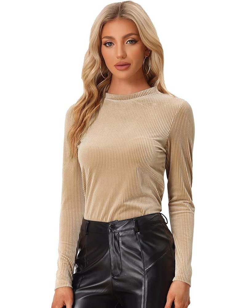 Women's Casual Velvet Top Mock Neck Long Sleeve Ribbed Velour Blouse Khaki $21.44 Blouses