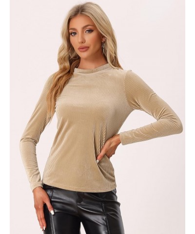 Women's Casual Velvet Top Mock Neck Long Sleeve Ribbed Velour Blouse Khaki $21.44 Blouses