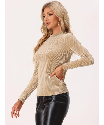 Women's Casual Velvet Top Mock Neck Long Sleeve Ribbed Velour Blouse Khaki $21.44 Blouses