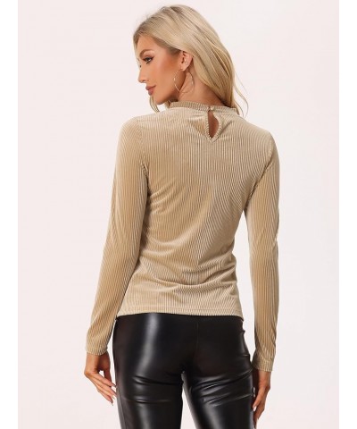 Women's Casual Velvet Top Mock Neck Long Sleeve Ribbed Velour Blouse Khaki $21.44 Blouses