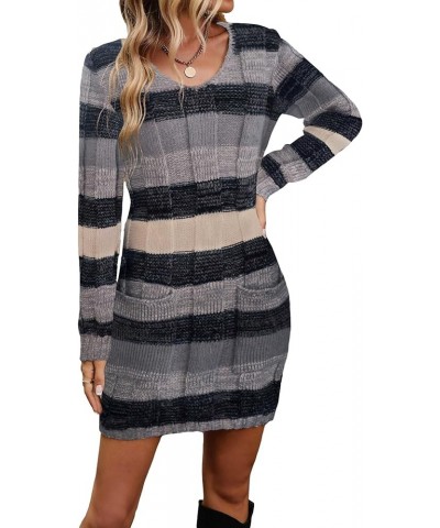 Women's Colorblock V Neck Long Sleeve Knit Sweater Bodycon Dress Grey $22.22 Sweaters