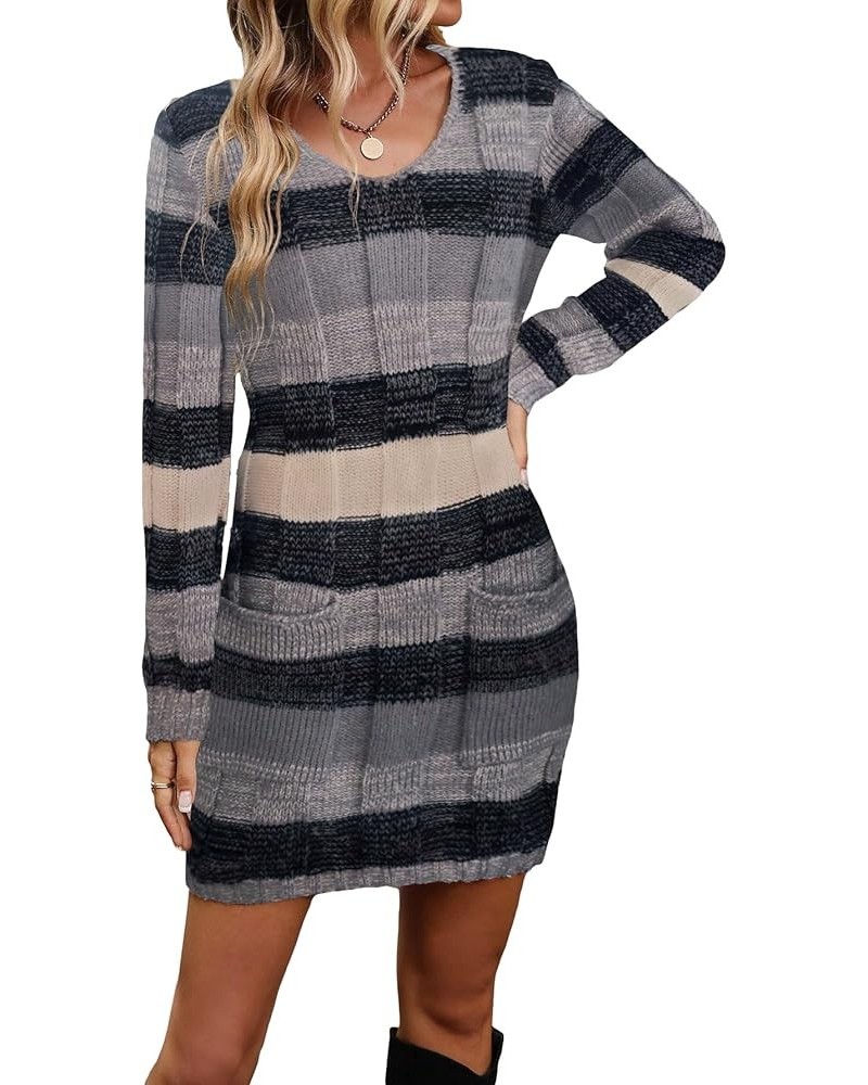 Women's Colorblock V Neck Long Sleeve Knit Sweater Bodycon Dress Grey $22.22 Sweaters