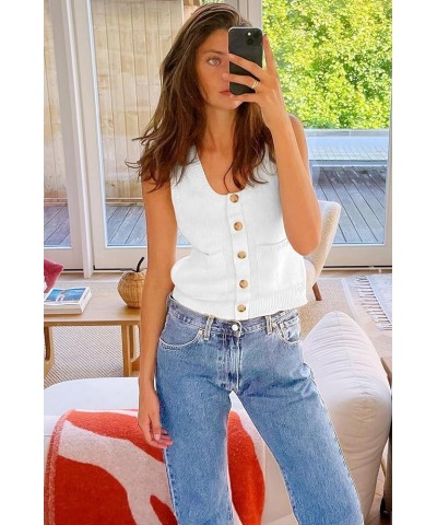 Womens Sweater Vest Summer Ribbed Tank Tops Sleeveless Button Down Shirts Scoop Neck Top for Women White $18.19 Sweaters