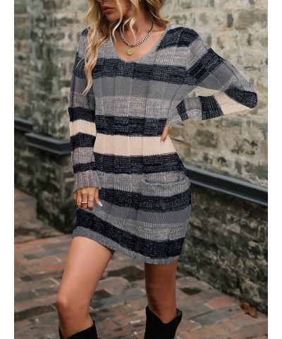 Women's Colorblock V Neck Long Sleeve Knit Sweater Bodycon Dress Grey $22.22 Sweaters