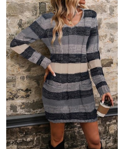 Women's Colorblock V Neck Long Sleeve Knit Sweater Bodycon Dress Grey $22.22 Sweaters