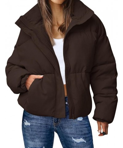 Women's Winter Warm Puffer Jacket Stand Collar Baggy Zip Up Short Quilted Jacket Outerwear Brown $11.50 Jackets