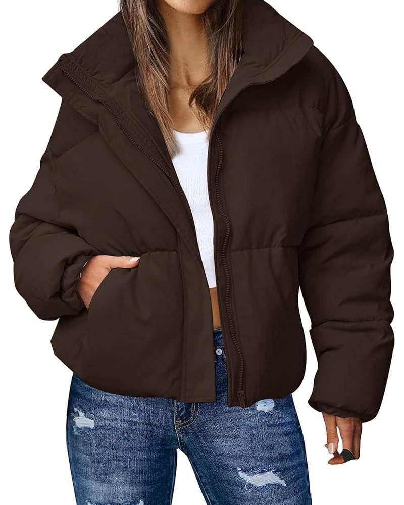 Women's Winter Warm Puffer Jacket Stand Collar Baggy Zip Up Short Quilted Jacket Outerwear Brown $11.50 Jackets