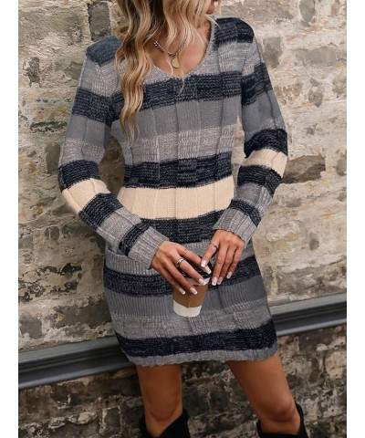 Women's Colorblock V Neck Long Sleeve Knit Sweater Bodycon Dress Grey $22.22 Sweaters