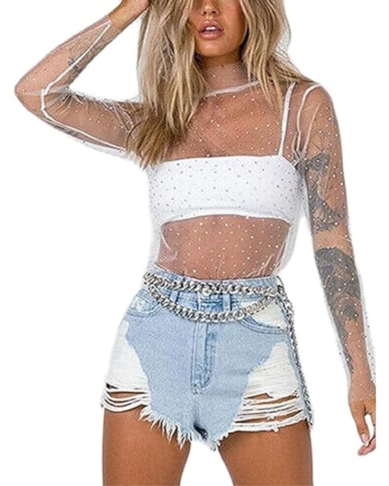 Women Mesh Long Sleeve Lace Top Mock Neck Floral See Through Slim Fit Layering Top Y2k Going Out Streetwear F-sparkly Mesh Wh...