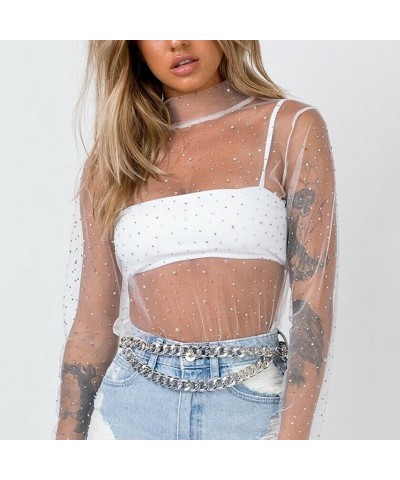 Women Mesh Long Sleeve Lace Top Mock Neck Floral See Through Slim Fit Layering Top Y2k Going Out Streetwear F-sparkly Mesh Wh...