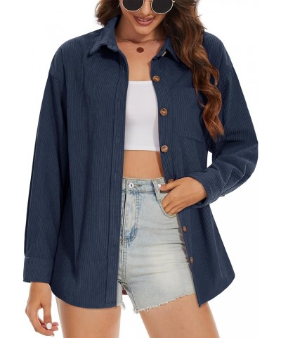 Womens Corduroy Shacket Long Sleeve Button Down Shirt Spring Casual Jacket Bust Pocket Loose Fit Blouse Tops Navy Blue $21.31...