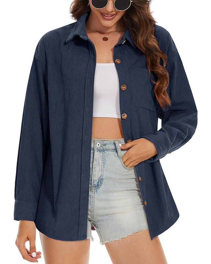 Womens Corduroy Shacket Long Sleeve Button Down Shirt Spring Casual Jacket Bust Pocket Loose Fit Blouse Tops Navy Blue $21.31...