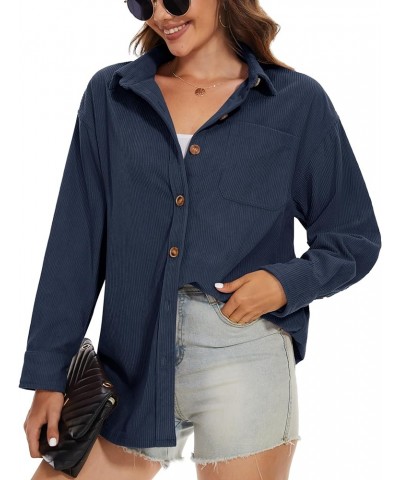 Womens Corduroy Shacket Long Sleeve Button Down Shirt Spring Casual Jacket Bust Pocket Loose Fit Blouse Tops Navy Blue $21.31...