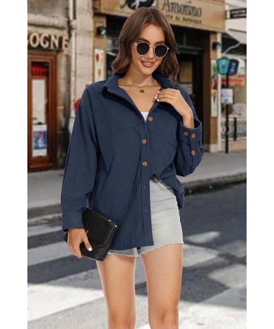 Womens Corduroy Shacket Long Sleeve Button Down Shirt Spring Casual Jacket Bust Pocket Loose Fit Blouse Tops Navy Blue $21.31...